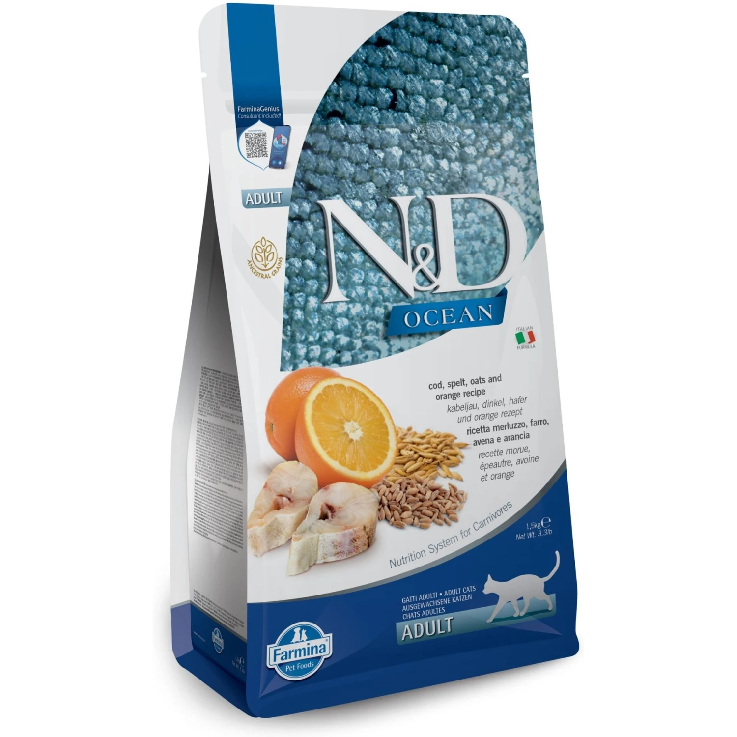 Farmina N&D Ocean Codfish, Spelt, Oats & Orange Adult Dry Cat Food 1 Farmina N&D Ocean Codfish, Spelt, Oats & Orange Adult Dry Cat Food