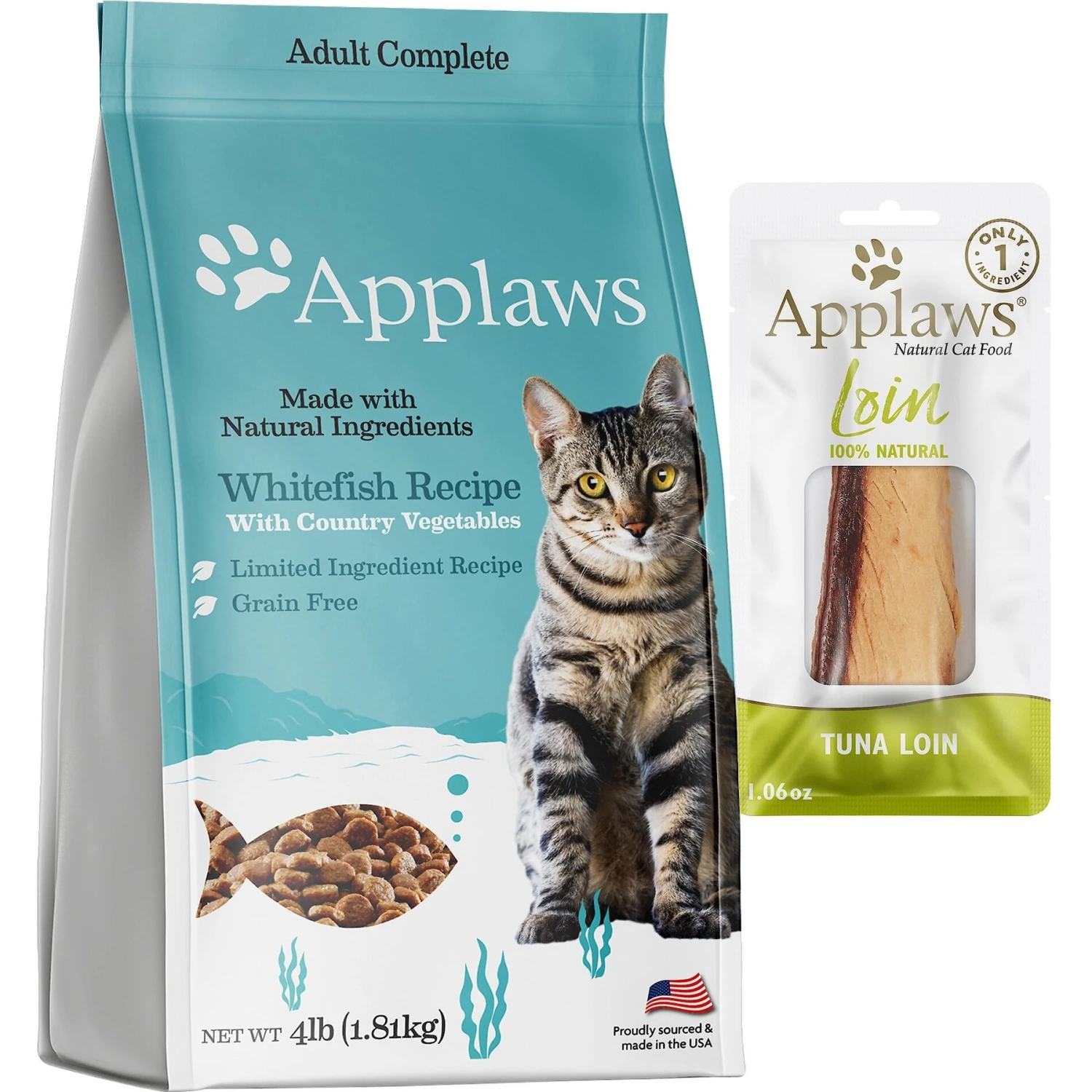 Applaws Adult Complete Whitefish Recipe With Country Vegetables Grain-Free Dry Cat Food & Applaws Tuna Loin Grain-Free Cat Treats, 1.06-oz Loin, Case Of 12 1 Applaws Adult Complete Whitefish Recipe With Country Vegetables Grain-Free Dry Cat Food & Applaws Tuna Loin Grain-Free Cat Treats, 1.06-oz Loin, Case Of 12