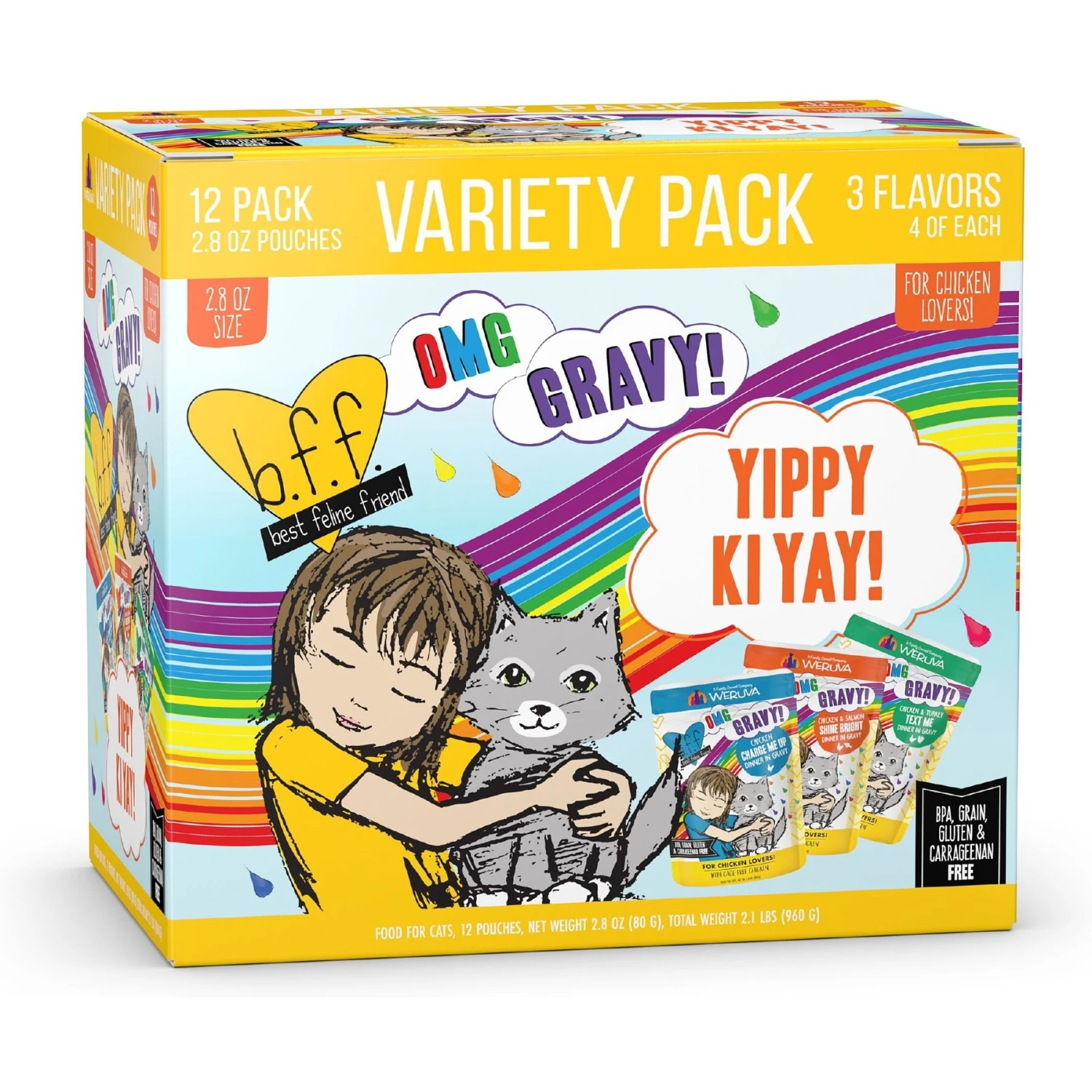 Weruva Best Feline Friend Oh My Gravy! Yippy Ki Yay Yellow Gravies! Variety Pack Grain-Free Wet Cat Food, 2.8-oz Pouch, Case Of 12 1 Weruva Best Feline Friend Oh My Gravy! Yippy Ki Yay Yellow Gravies! Variety Pack Grain-Free Wet Cat Food, 2.8-oz Pouch, Case Of 12