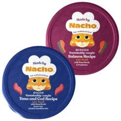 Made By Nacho Sustainably Caught Diced Tuna & Cod Recipe With Bone Broth Grain-Free Wet Cat Food & Made By Nacho Sustainably Caught Salmon Recipe Cuts In Gravy With Bone Broth Wet Cat Food