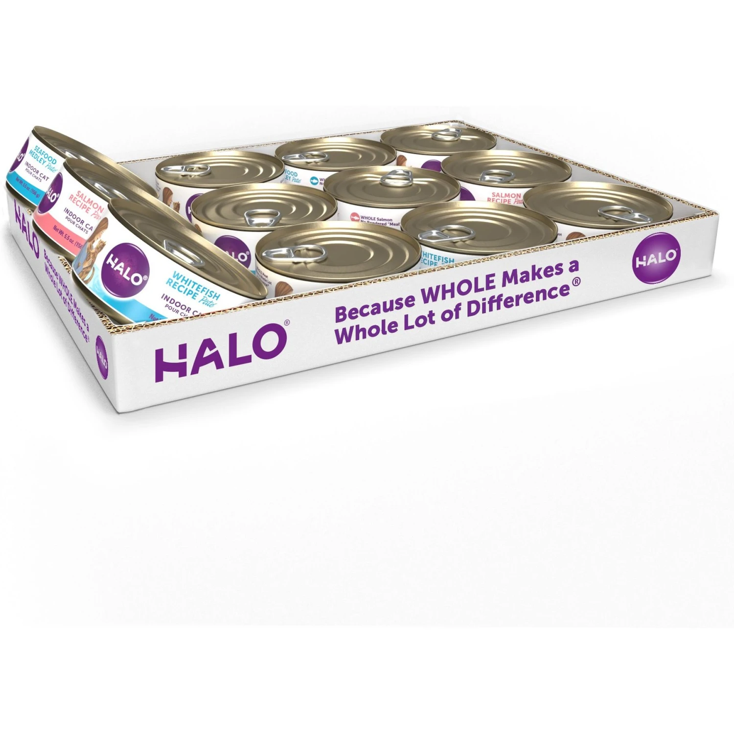 Halo Whitefish, Salmon, Seafood Medley Variety Pack Grain-Free Pate Adult Wet Cat Food, 5.5-oz Can, Case Of 12 1 Halo Whitefish, Salmon, Seafood Medley Variety Pack Grain-Free Pate Adult Wet Cat Food, 5.5-oz Can, Case Of 12