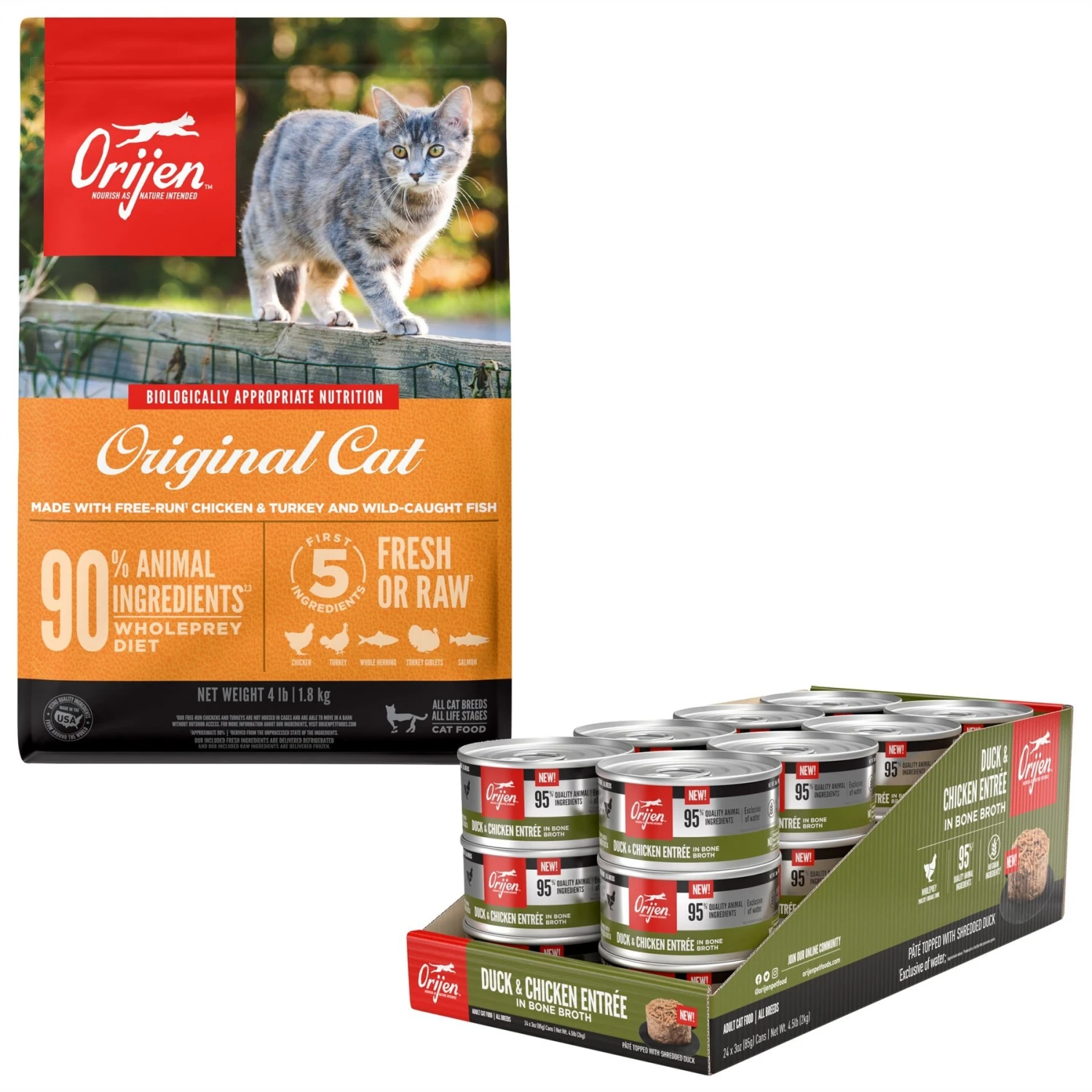 ORIJEN Duck + Chicken Entree In Bone Broth Wet Cat Food & ORIJEN Original Grain-Free Dry Cat Food 1 ORIJEN Duck + Chicken Entree In Bone Broth Wet Cat Food & ORIJEN Original Grain-Free Dry Cat Food