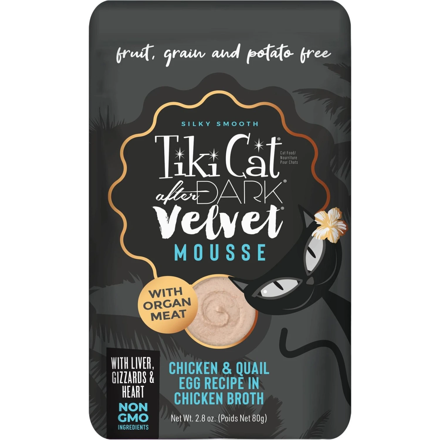 Tiki Cat After Dark Velvet Mousse Chicken & Quail Egg Grain-Free Wet Cat Food, 2.8-oz Pouch, Case Of 12 1 Tiki Cat After Dark Velvet Mousse Chicken & Quail Egg Grain-Free Wet Cat Food, 2.8-oz Pouch, Case Of 12