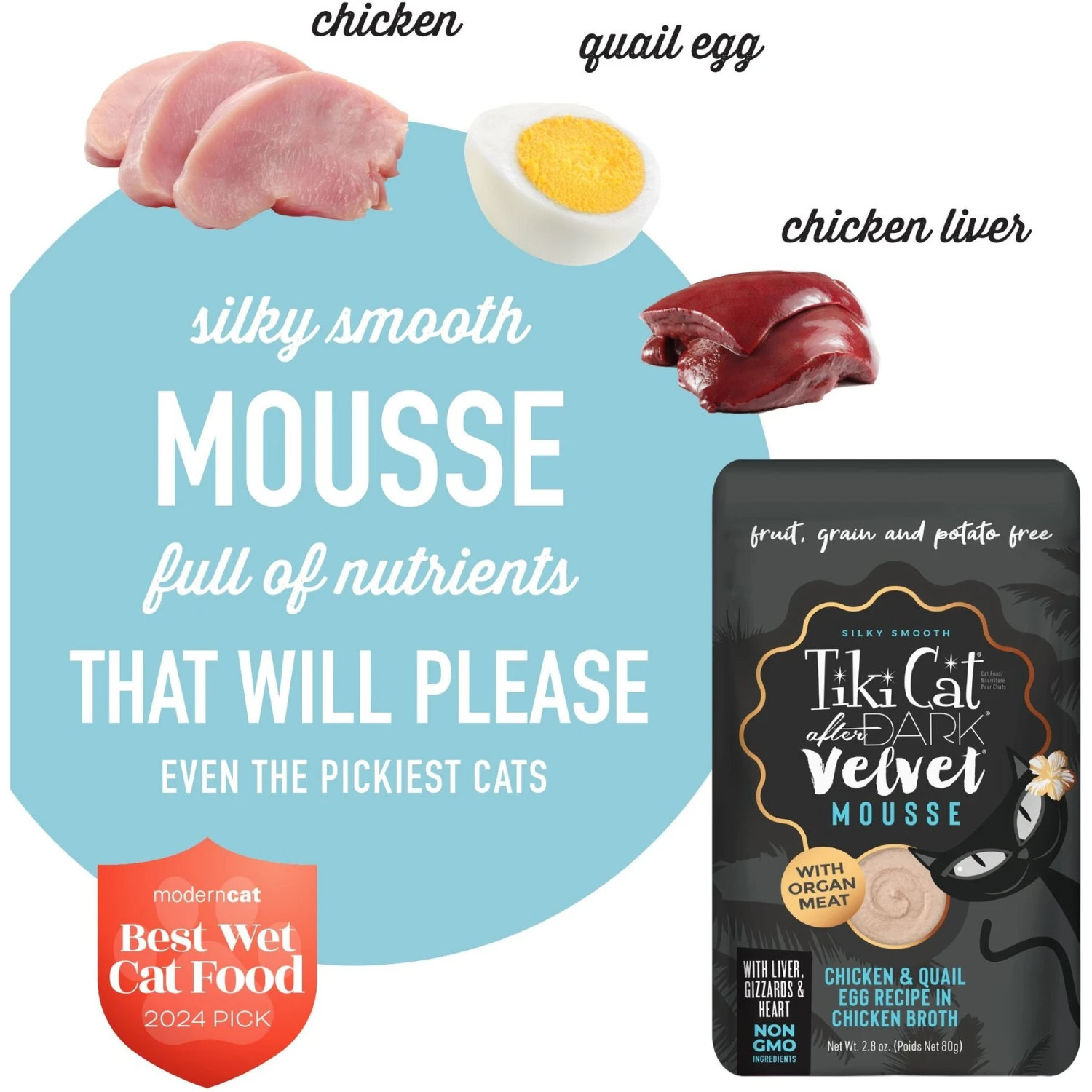 Tiki Cat After Dark Velvet Mousse Chicken & Quail Egg Grain-Free Wet Cat Food, 2.8-oz Pouch, Case Of 12 4 Tiki Cat After Dark Velvet Mousse Chicken & Quail Egg Grain-Free Wet Cat Food, 2.8-oz Pouch, Case Of 12 - Image 4